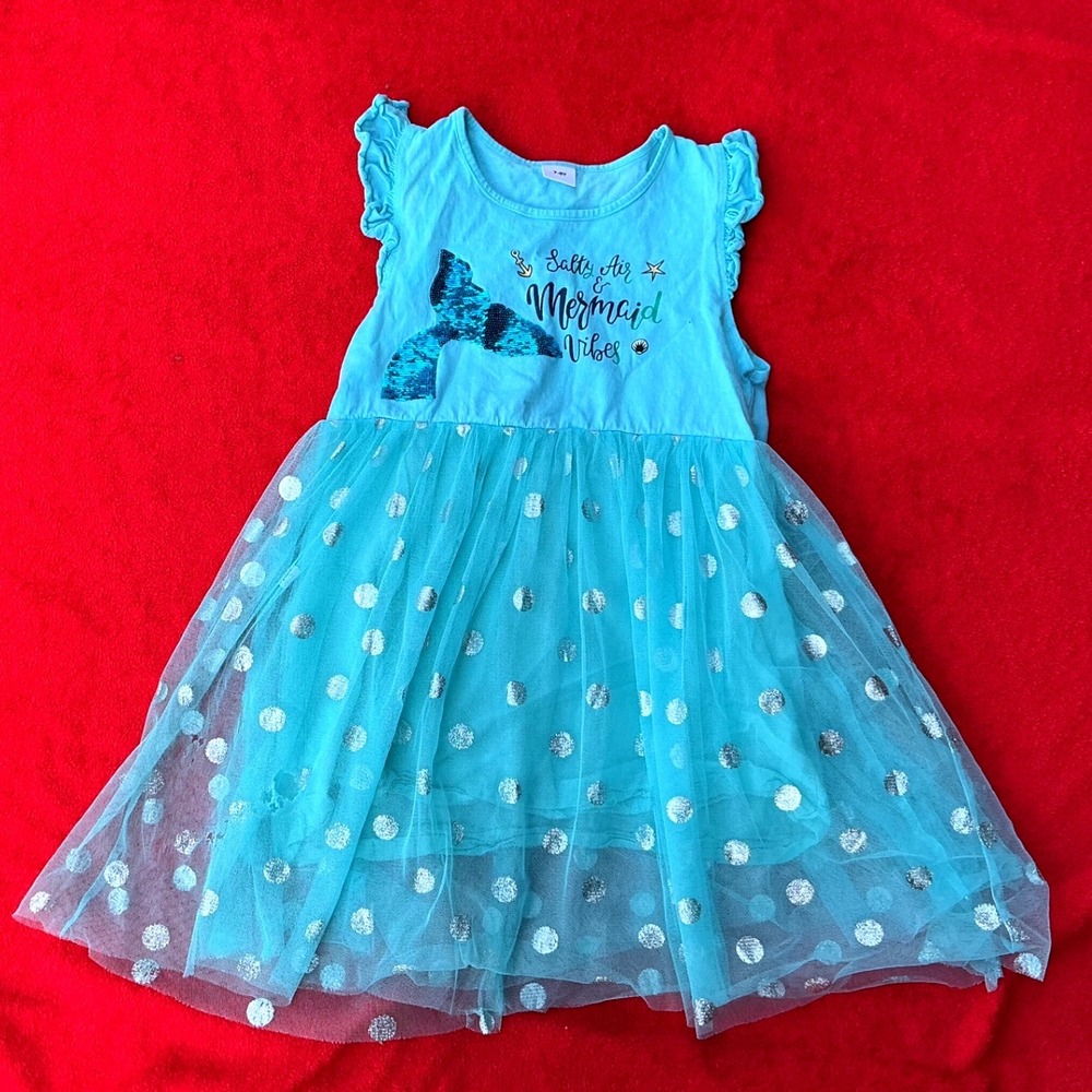 Mermaid‎ Tutu Dress Kids 7-8Y Aqua Blue Good Sequin Tulle Polka Dot